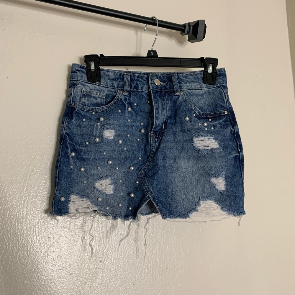 Angel Kiss Distressed Pearl-Embellished Denim Mini Skirt - Small